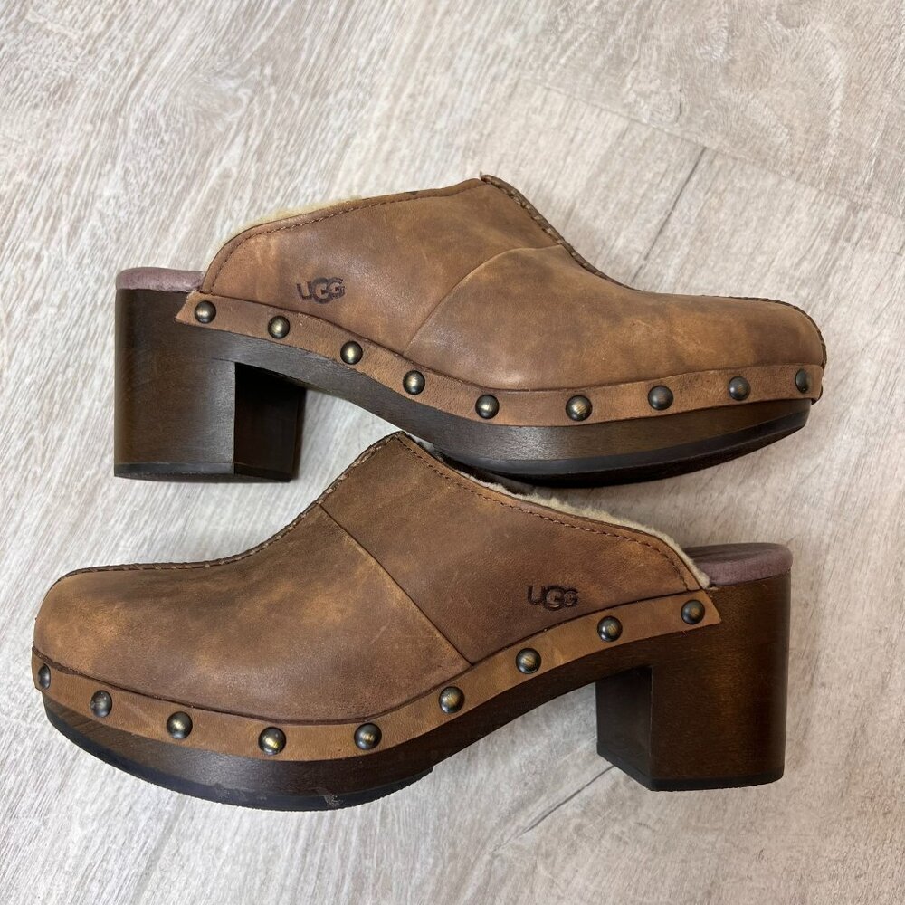 UGG Shoes Womens Size 5 1/2 - 6 Kassi High Heel Leather Clog Mule Sheepskin